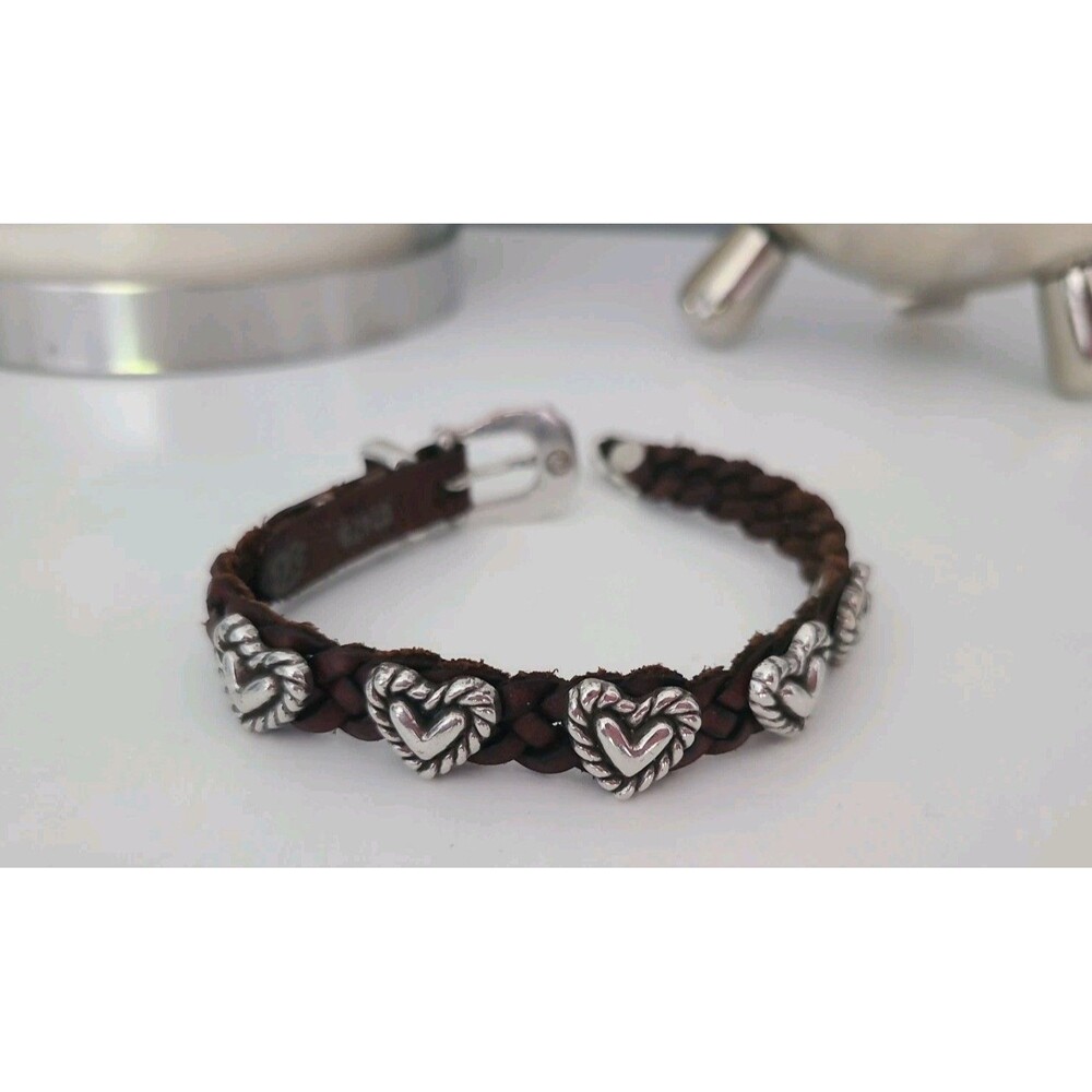 Brighton Brown Leather Silver Roped Heart Braid Bandit Buckle Bracelet  $64